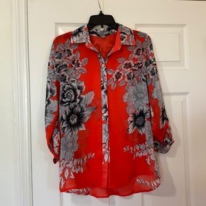 Gorgeous coral and floral semi-sheer shirt